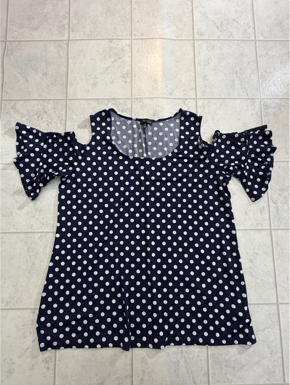 Clinky Brand navy polka dot cold shoulder top